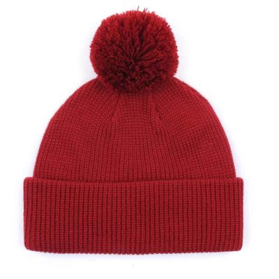 China Pom Pom Acrylic Warm Winter Red made to order casual knit beanies Beanie Hat Hats Embroidery Logo for sale