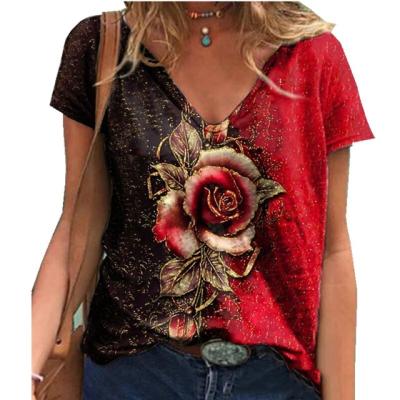 China 2021 QUICK-DRY European and American fashion 3D V-neck T-shirt Rose Short Sleeve Summer Loose and comfortable blouse for sale