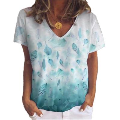 China 2021 QUICK DRY European and American women fashion trend leaf print upper V-neck short-sleeved T-shirt women for sale