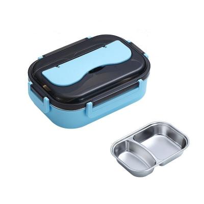 China Sustainable 304 Stainless Steel 2 Compartments Environmentally Friendly Bento Lunch Box With Spoon Chopsticks for sale