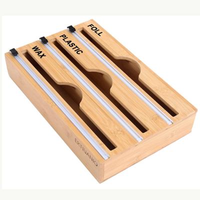 China Sustainable Customize slots Bamboo wrap dispenser with cutter and labels for sale