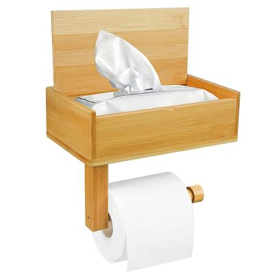 China Modern Wall Mount Tissue Roll Holder Bamboo Toilet towel Paper Holder with Shelf for sale