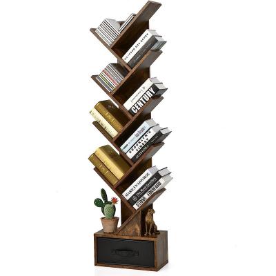 China Modern Tree Bookshelf with Drawer, 10 Shelf Space Saving Rustic Brown Wooden Bookcase, Freestanding Retro Storage Rack for sale