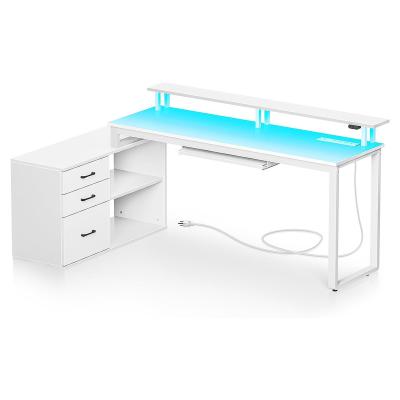 China Other L Shaped computer table modern wood office desk with bookshelf  with Power Outlet & LED Lights study table and bookshelf designs for sale