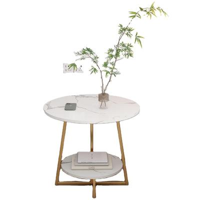 China Adjustable (height) 2 Tier Small Round Wooden Marble top Side Table Coffee Table with Gold Metal Frames for sale