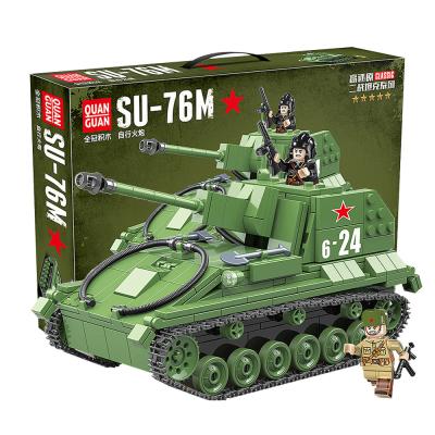 China Construction Toy Quanguan Building Blocks 100085 Bricks WWII Germany/USA/France/Japan SU-76M Tank Series Model Tanks Building Kit For Children for sale