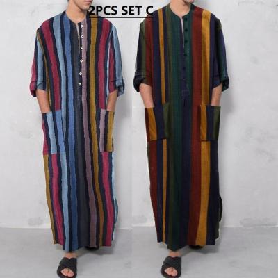 China Soft Feeling 2PCS Set Jubah Lelaki Dewasa Islamic Traditional Muslim Shirts Cotton Fashion Mens Clothing Colorful Stripe Style for sale