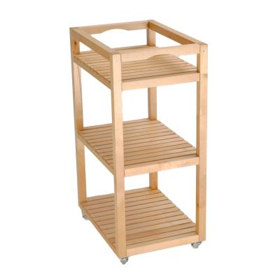 China Eco-friendly Simple Bamboo Material Hand Push Three Layer Kitchen Bathroom Movable Shelf for sale