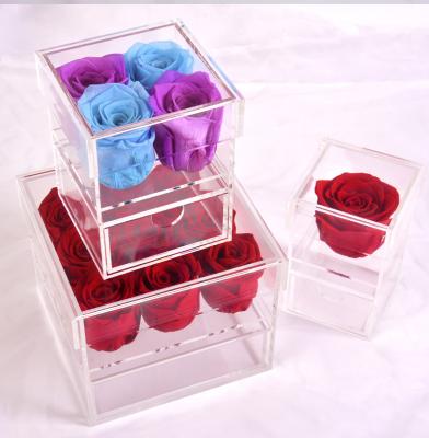 China Natural Fresh Rose With Stem 2021 New Real Natural Touch A Grade Beautiful Everlasting Flowers Preserved Forever Roses In Clear Acrylic Box Lid For Valentine's Day for sale