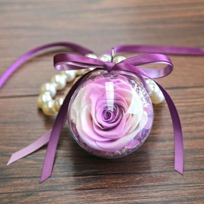 China Natural Fresh Rose With Key Chain Rose Flower Car Hanging Flower Creative Acrylic Ball Valentine's Day Immortal Gift for sale