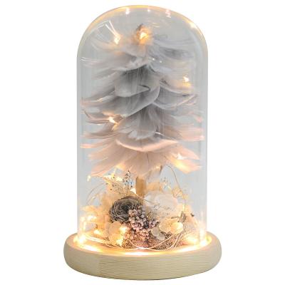 China Natural Fresh Rose With Stem Natural Christmas Flower Feather Everlasting Tree New Rose Preserved In Glass Dome Gift Box Bouquet Decoration for sale