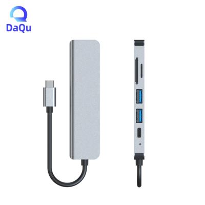 China Aluminum + ABS Type C Adapter OTG Interface To USB 3.0 HD 87W SD TF Left Charging Card Reader 6 In 1 HUB For Laptop Smart Tablet phone using for sale