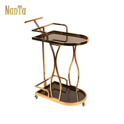 China Modern Hotel Furniture Glass Top Trolley Serving Drinks Trolley Cocktail Gold Trolley for sale