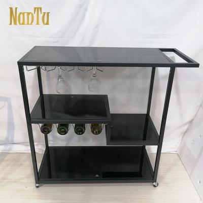 China Easy Assemble Modern Black Glass Coffee Cart/Hotel Wine Rack Coffee Serving Home Bar Cart/Metal Trolley for sale