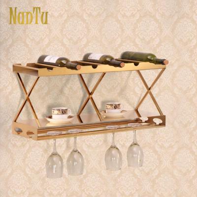 China Sustainable Hanging Gold Metal Wall Mounting Glass Bottle Wine Rack for sale