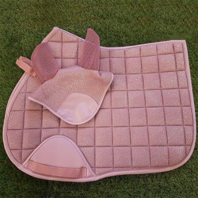 China New Arrival Equestrian Glitter 3d Mesh Dusky Pink Fly Veil Jumping Numnah Saddle Protector Set for sale