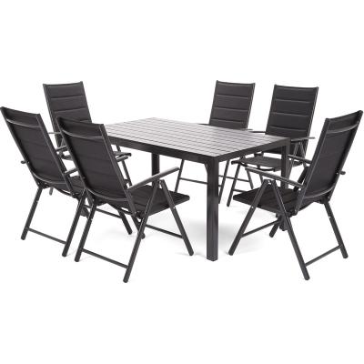 China Contemporary Strong Rattan Furniture Outdoor Patio Dining Table Sets Garden Set Aluminum Frame + Plastic Wood Slats 6 Chairs + 1 Table Metal for sale