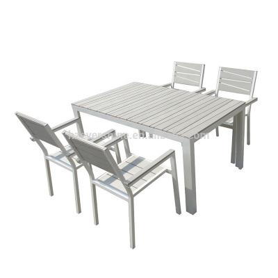 China All Weather Resistant Durable K.D Strong Structure Table And Stackable Chairs Garden Dining Sets Outdoor Table Material: Aluminum Frame + Plastic Wood Slats for sale