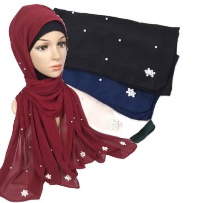 China High-end simple muslim hijab malaysia pearl long turban scarf custom pearl beaded chiffon hijab scarf for sale