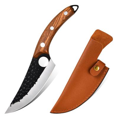 China Viable Professional Hammer Style Outdoor Beauty Boning Butcher Knife Kitchen Set 2 Pieces With Leather Sheath for sale