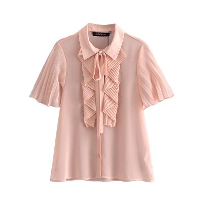 China Breathable Pink Color Pleated Short Sleeve Decline Collar Women Summer Elegant Chiffon Blouse And Tops for sale