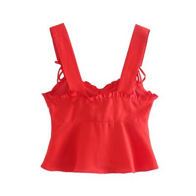 China Cute Back Ruffle Design Red Color Spaghetti Strap Bow Spaghetti Fit Slim Fit Women'S Summer Breathable Tank Tops for sale