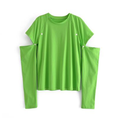 China Simple Style Women's Breathable Fashion Removable Sleeve Crew Neck Green Color Casual T-Shirts for sale