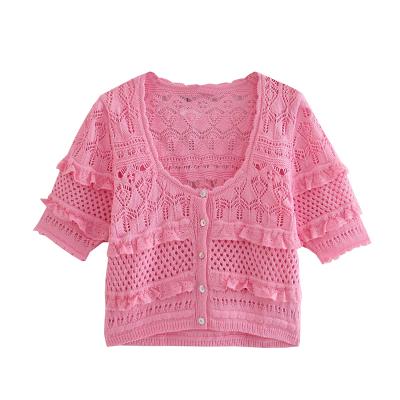 China Pink Color Half Sleeve Women Sweater Style Breathable Square Western Cardigan Knitted Sweater for sale