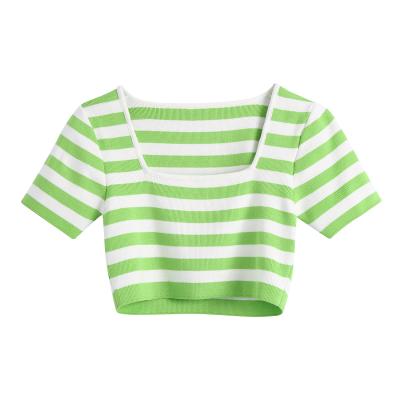 China 2 Square Collar Fashion Women Casual T-shirt 2021 Design Breathable Striped Knitted Tops Colorway New Design for sale