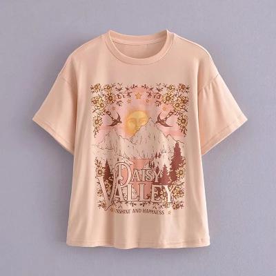 China Summer Cotton Women Printing Sun And Valley Style Breathable Crew Neck Short Sleeve Western Casual T-Shirt for sale