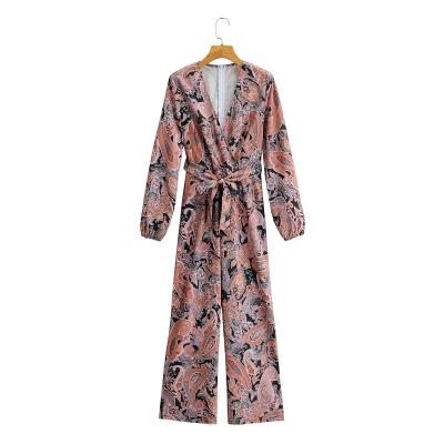 China Breathable Multi Color Printed V Neck Long Sleeve Fashion Casual Womens One Piece Overalls With Sashes for sale