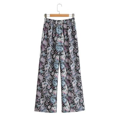 China Floral Printed Women Elastic Waist Wide Leg Basic Design Breathable Long Shape Casual Pants And Trousers for sale