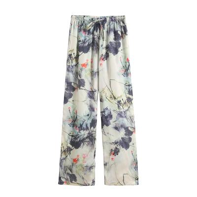 China Breathable Elastic Waist Drawstring China Pattern Printing Casual Women's Wide Leg Pants And Trousers for sale