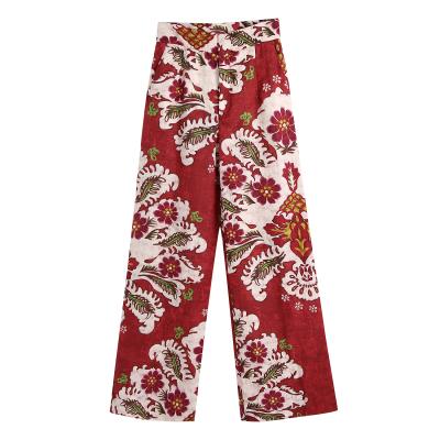 China Red Color Breathable Floral Print Wide Leg Women Fashion Pants 2021 New Design Women Casual Pants for sale