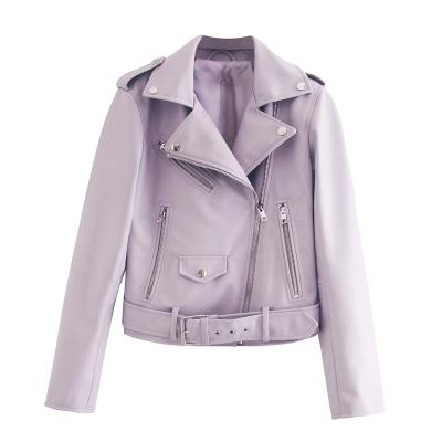 China Breathable colorway 2 front zippers notched solid color long sleeve collar women casual fashion leather jacket for sale