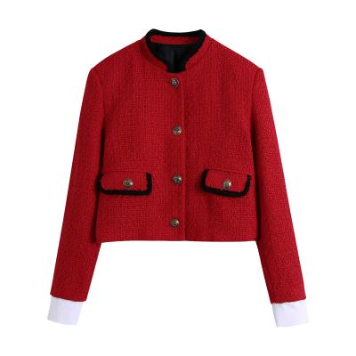 China Red Color Breathable Single Breasted Spliced ​​Slim Fit Tweed Long Sleeve Fall Women's Jacket for sale