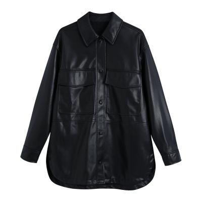 China Breathable Black Color Turn Down Collar Design Oversized Women Shirt Style Casual Loose Leather Jacket for sale