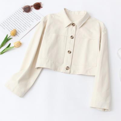 China Breathable Beige Color Turn Down Collar Long Sleeve Coats Fashion Women Elegant Crop Jacket With Pockets for sale