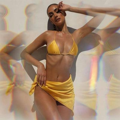 China New Design 2022 Breathable Hot Sale Shiny Gold Swimsuit Custom Color Logo With Labels Satin Bikini for sale