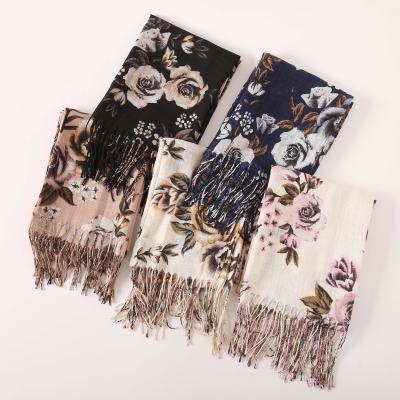 China Wholesale Beautiful Flower Design Fashion Long Fringe Turkish Beautiful Flower Design Tassel Custom Print Muslim Hijab Scarf for sale