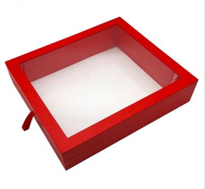 China EM Factory Recyclable Custom Printed T-shirt Red Paper Box With Clear Window For Garment Packaging for sale