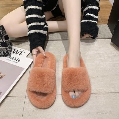 China Fashion Trend Woman Fashion Faux Furry Fluffy Home Bedroom Slipper Slips Ladies House Soft Designer Fur Bed Slippers for sale