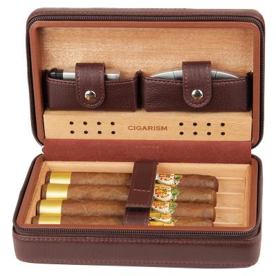 China CIGARISM Cedar Lined Cigar Travel Case Leather Humidor W/Cutter Leather Lighter Set Count 4 for sale