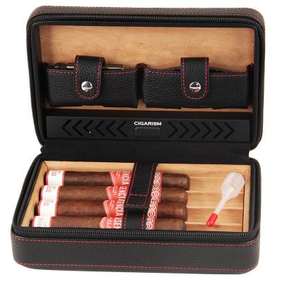 China CIGARISM Leather Black Cedar Lined Cigar Travel Case Genuine Leather Humidor W/Cutter Lighter Set Count 4 for sale