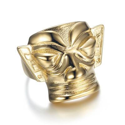 China Long Now Color Hip Hop Fashion Stainless Steel Cultural Relics Sanxingdui Gold Plated Masked Ring For Men Jewelry for sale