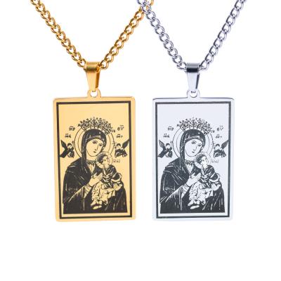 China Vintage Gold Religious Silver Stainless Steel Jewelry Catholic Virgin Mary Square Tag Pendant Necklace for sale