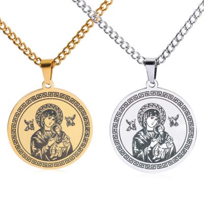 China Stainless Steel Catholic Virgin Mary Round Pendant Long Necklace Religious Jewelry Vintage For Men And Women for sale