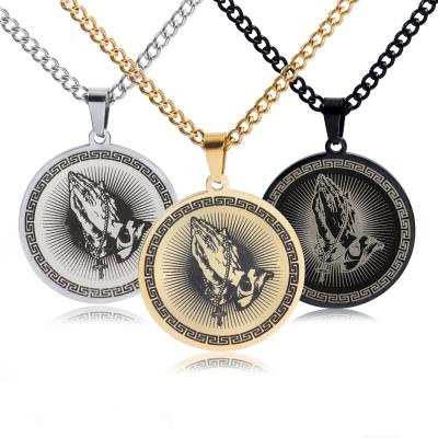 China Vintage Religious Pray Hand Buddha Mens Pendant Chain Necklace For Male Hip Hop Lucky Jewelry for sale