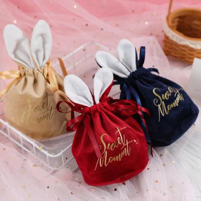 China Velvet Fabric Decoration Sublimation Wedding Drawstring Bunny Ears Baskets Gift Velvet Easter Bunny Bags for sale