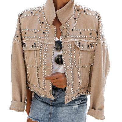 China 2020 Stylish Autumn And Winter Women Plus Size Khaki Jacket With Rivet Washed Lady Plus Size 3XL Turn-Down Collar Ripped Motorcycle Jacket for sale